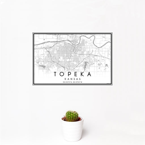 12x18 Topeka Kansas Map Print Landscape Orientation in Classic Style With Small Cactus Plant in White Planter