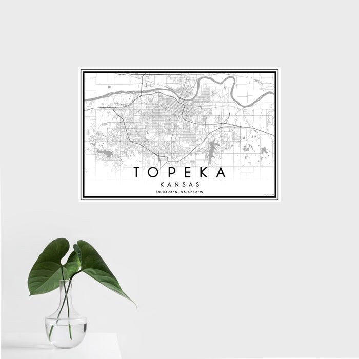 16x24 Topeka Kansas Map Print Landscape Orientation in Classic Style With Tropical Plant Leaves in Water