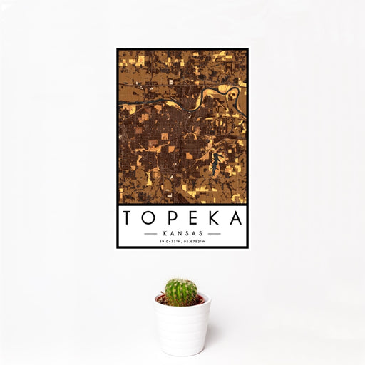 12x18 Topeka Kansas Map Print Portrait Orientation in Ember Style With Small Cactus Plant in White Planter