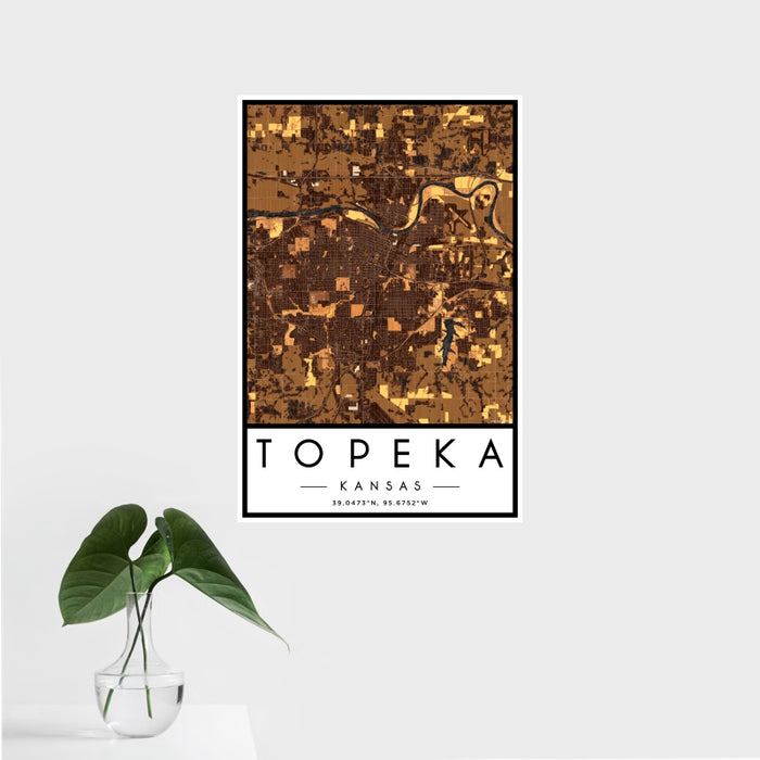 16x24 Topeka Kansas Map Print Portrait Orientation in Ember Style With Tropical Plant Leaves in Water