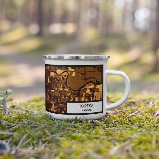 Right View Custom Topeka Kansas Map Enamel Mug in Ember on Grass With Trees in Background