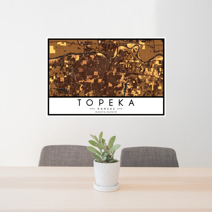 24x36 Topeka Kansas Map Print Landscape Orientation in Ember Style Behind 2 Chairs Table and Potted Plant