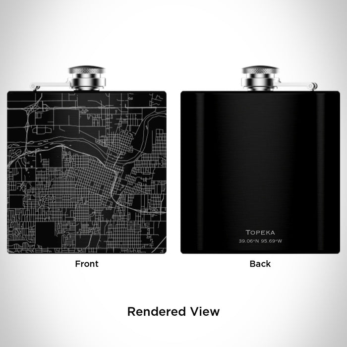 Rendered View of Topeka Kansas Map Engraving on 6oz Stainless Steel Flask in Black