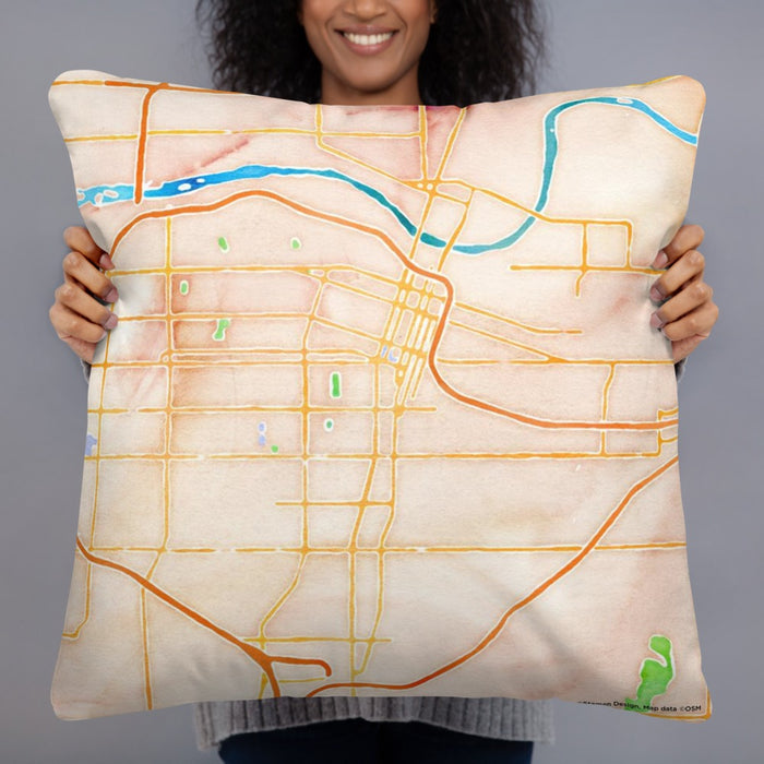 Person holding 22x22 Custom Topeka Kansas Map Throw Pillow in Watercolor