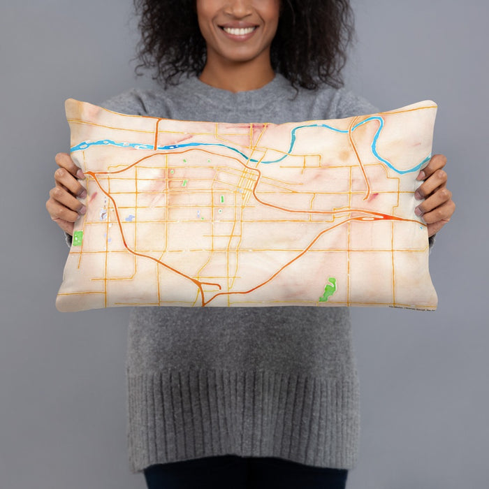 Person holding 20x12 Custom Topeka Kansas Map Throw Pillow in Watercolor