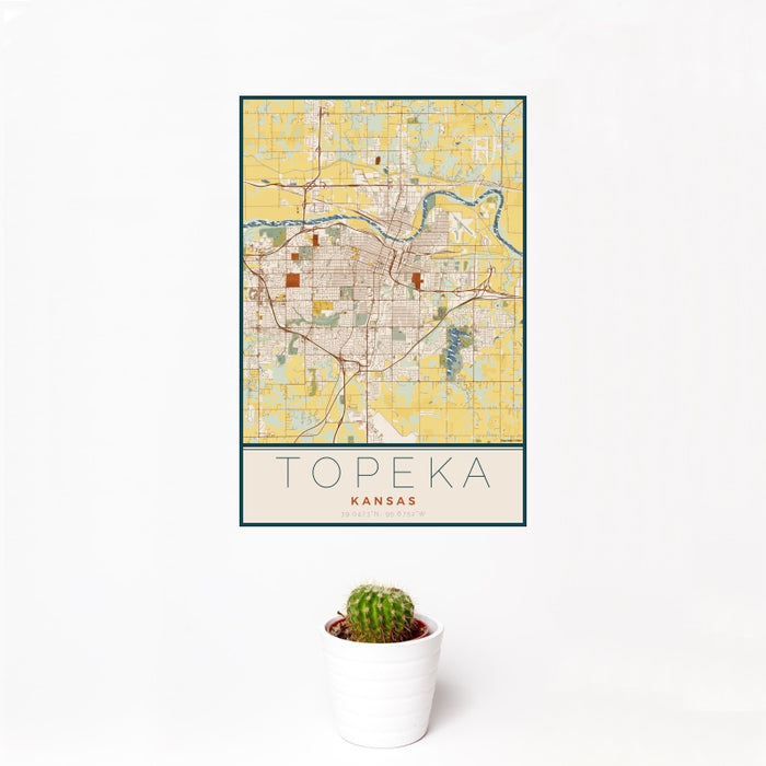 12x18 Topeka Kansas Map Print Portrait Orientation in Woodblock Style With Small Cactus Plant in White Planter