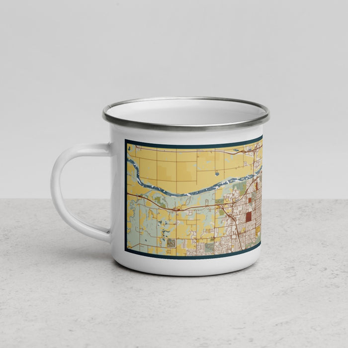 Left View Custom Topeka Kansas Map Enamel Mug in Woodblock