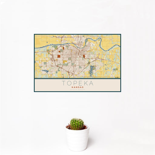12x18 Topeka Kansas Map Print Landscape Orientation in Woodblock Style With Small Cactus Plant in White Planter