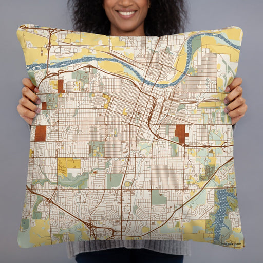 Person holding 22x22 Custom Topeka Kansas Map Throw Pillow in Woodblock