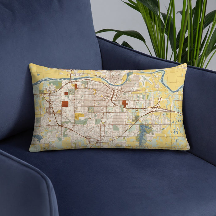 Custom Topeka Kansas Map Throw Pillow in Woodblock on Blue Colored Chair