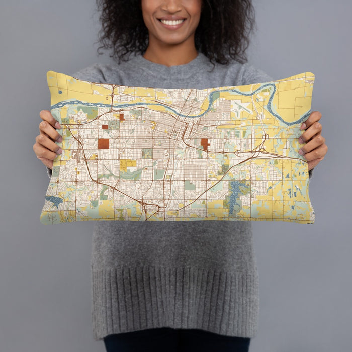 Person holding 20x12 Custom Topeka Kansas Map Throw Pillow in Woodblock