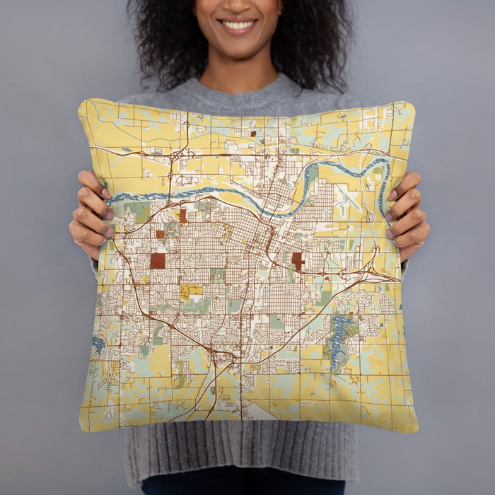 Person holding 18x18 Custom Topeka Kansas Map Throw Pillow in Woodblock