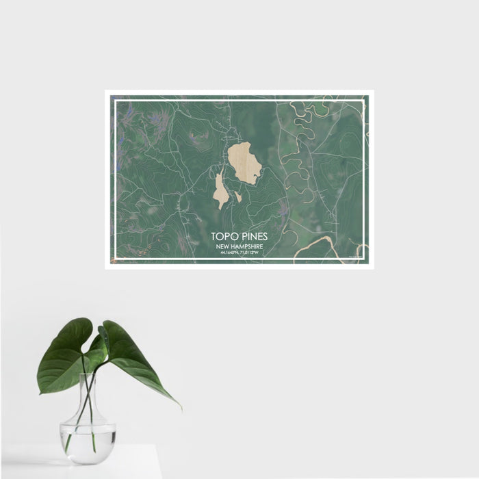 16x24 Topo Pines New Hampshire Map Print Landscape Orientation in Afternoon Style With Tropical Plant Leaves in Water