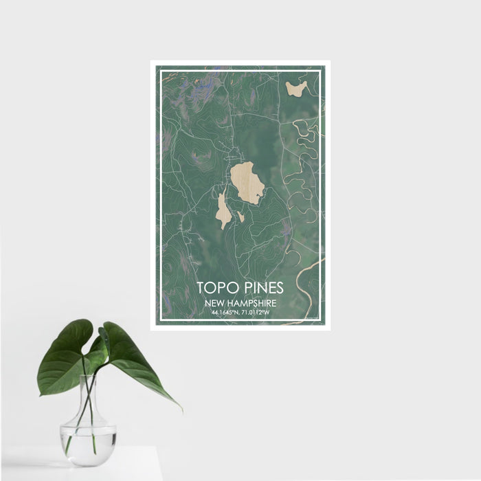 16x24 Topo Pines New Hampshire Map Print Portrait Orientation in Afternoon Style With Tropical Plant Leaves in Water