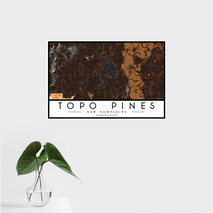 16x24 Topo Pines New Hampshire Map Print Landscape Orientation in Ember Style With Tropical Plant Leaves in Water
