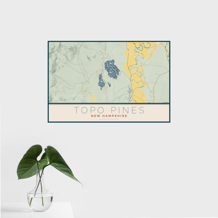 16x24 Topo Pines New Hampshire Map Print Landscape Orientation in Woodblock Style With Tropical Plant Leaves in Water