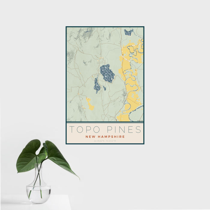 16x24 Topo Pines New Hampshire Map Print Portrait Orientation in Woodblock Style With Tropical Plant Leaves in Water