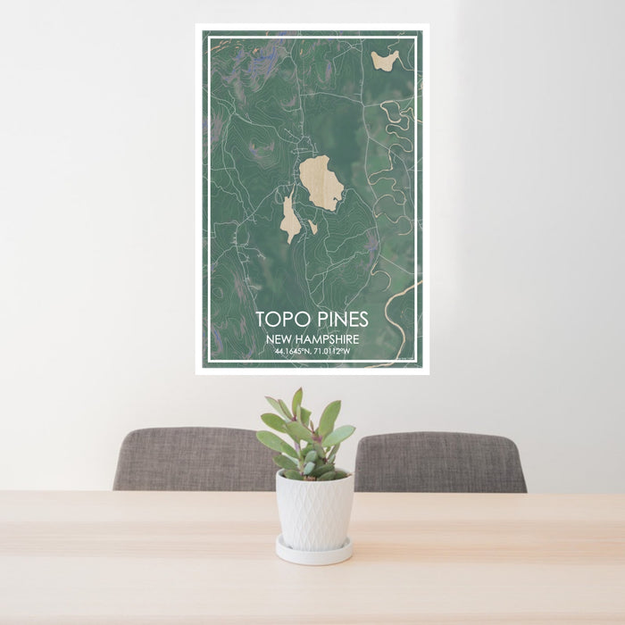24x36 Topo Pines New Hampshire Map Print Portrait Orientation in Afternoon Style Behind 2 Chairs Table and Potted Plant