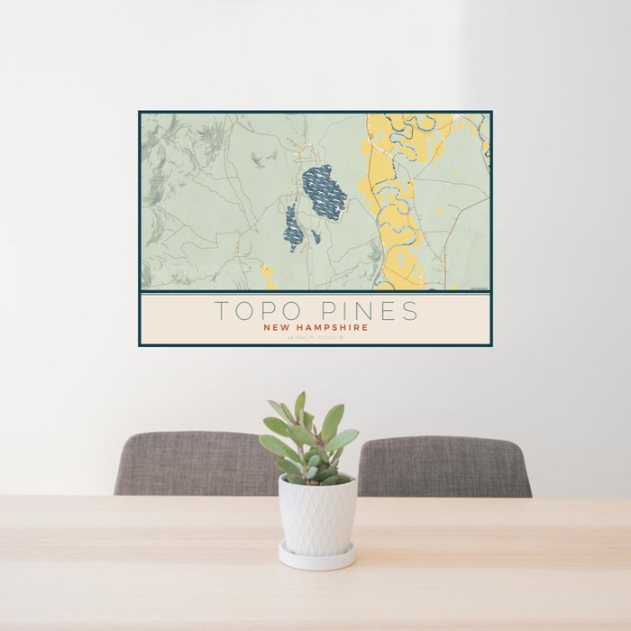 24x36 Topo Pines New Hampshire Map Print Lanscape Orientation in Woodblock Style Behind 2 Chairs Table and Potted Plant
