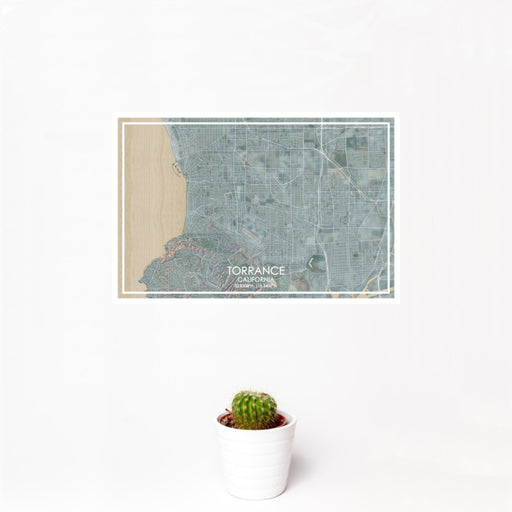 12x18 Torrance California Map Print Landscape Orientation in Afternoon Style With Small Cactus Plant in White Planter
