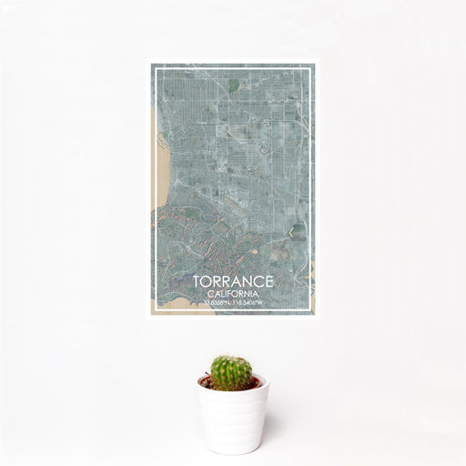 12x18 Torrance California Map Print Portrait Orientation in Afternoon Style With Small Cactus Plant in White Planter