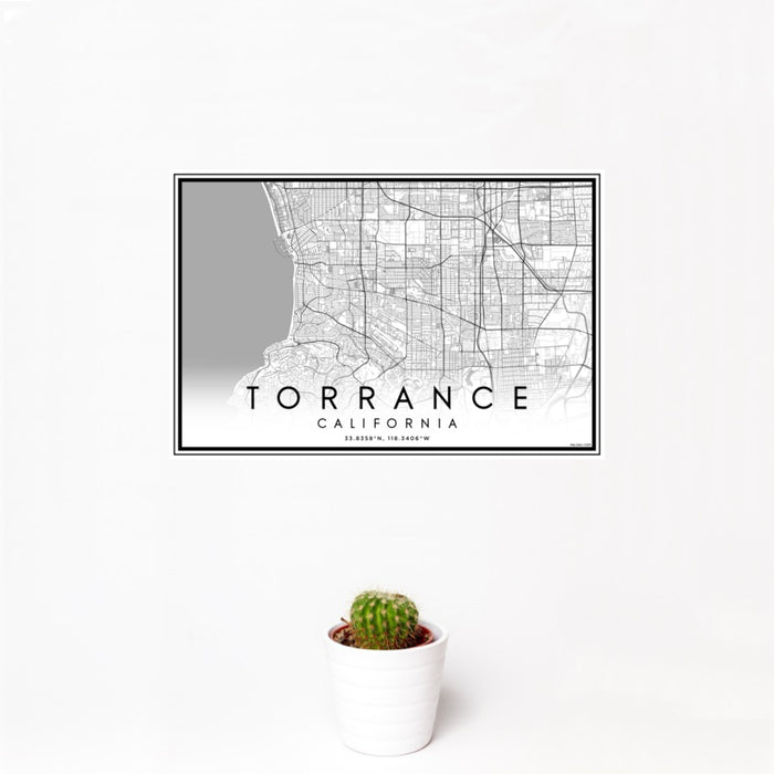 12x18 Torrance California Map Print Landscape Orientation in Classic Style With Small Cactus Plant in White Planter