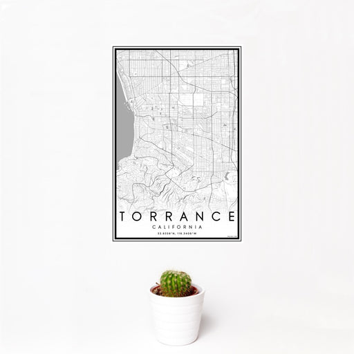12x18 Torrance California Map Print Portrait Orientation in Classic Style With Small Cactus Plant in White Planter