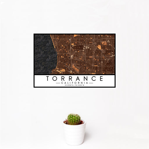 12x18 Torrance California Map Print Landscape Orientation in Ember Style With Small Cactus Plant in White Planter