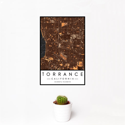 12x18 Torrance California Map Print Portrait Orientation in Ember Style With Small Cactus Plant in White Planter