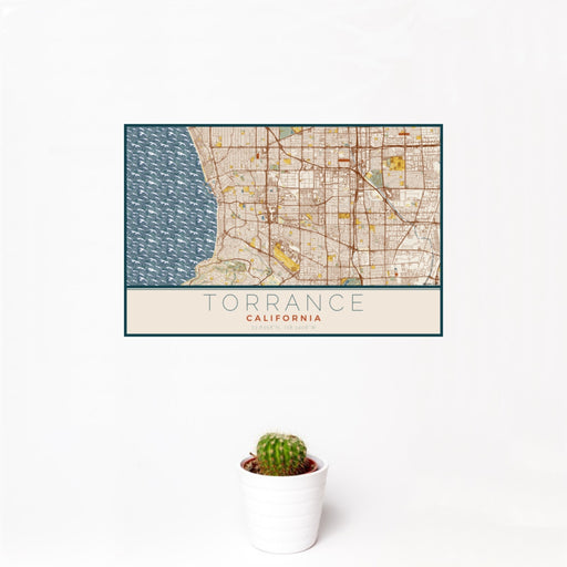 12x18 Torrance California Map Print Landscape Orientation in Woodblock Style With Small Cactus Plant in White Planter