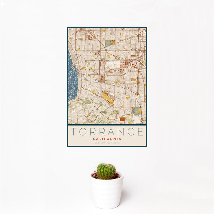 12x18 Torrance California Map Print Portrait Orientation in Woodblock Style With Small Cactus Plant in White Planter