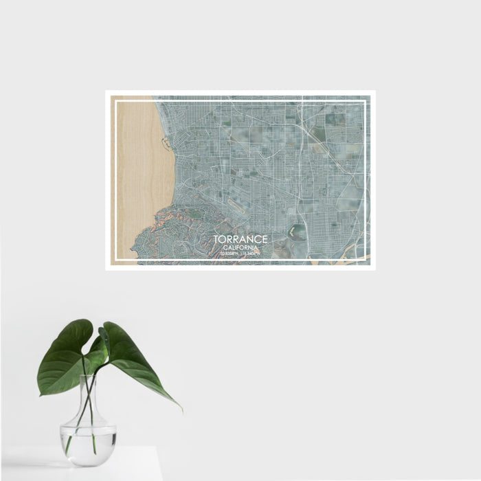 16x24 Torrance California Map Print Landscape Orientation in Afternoon Style With Tropical Plant Leaves in Water