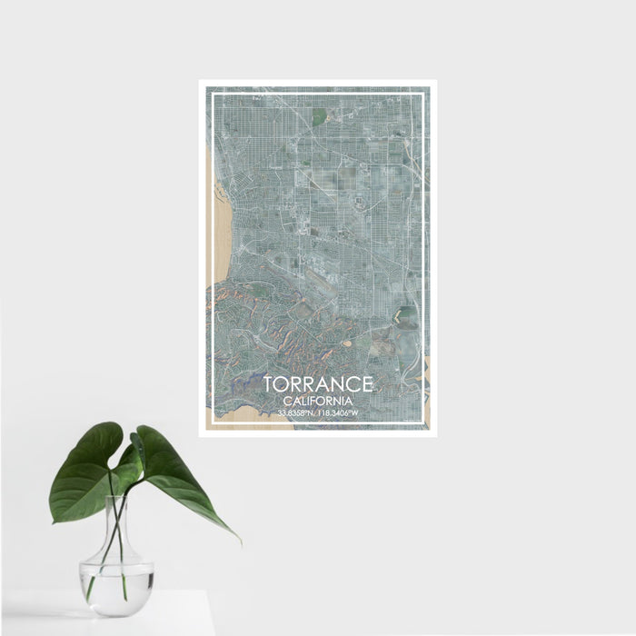 16x24 Torrance California Map Print Portrait Orientation in Afternoon Style With Tropical Plant Leaves in Water