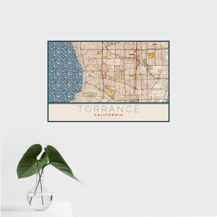 16x24 Torrance California Map Print Landscape Orientation in Woodblock Style With Tropical Plant Leaves in Water