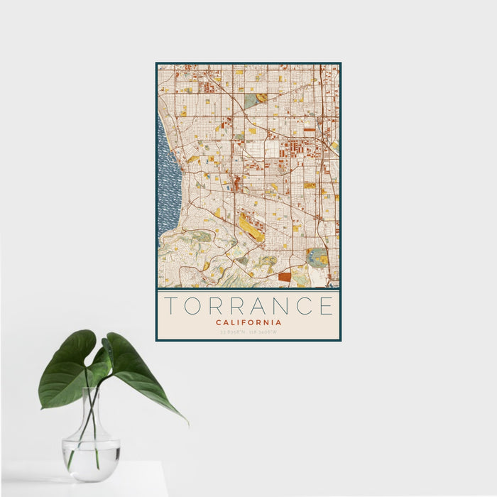 16x24 Torrance California Map Print Portrait Orientation in Woodblock Style With Tropical Plant Leaves in Water