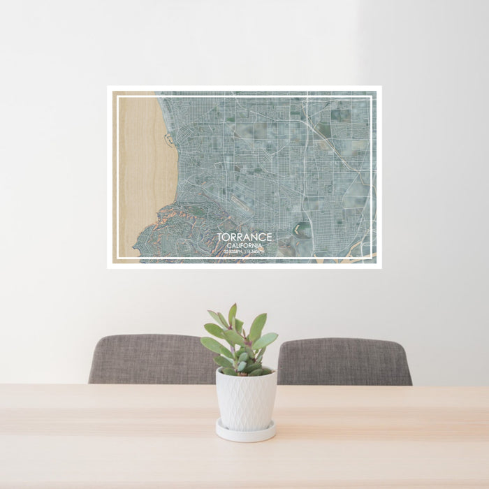 24x36 Torrance California Map Print Lanscape Orientation in Afternoon Style Behind 2 Chairs Table and Potted Plant