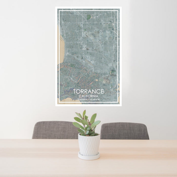 24x36 Torrance California Map Print Portrait Orientation in Afternoon Style Behind 2 Chairs Table and Potted Plant