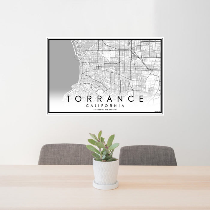24x36 Torrance California Map Print Lanscape Orientation in Classic Style Behind 2 Chairs Table and Potted Plant