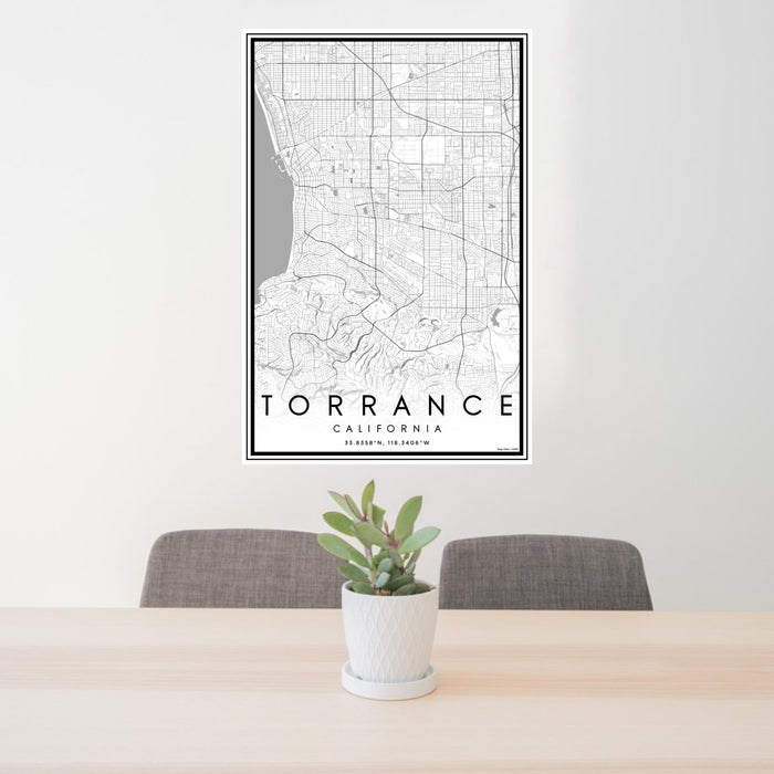 24x36 Torrance California Map Print Portrait Orientation in Classic Style Behind 2 Chairs Table and Potted Plant