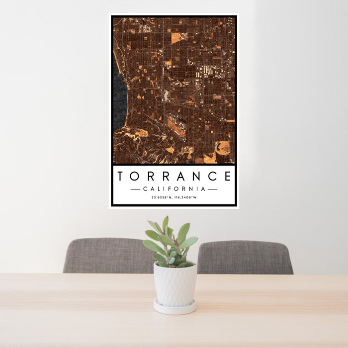 24x36 Torrance California Map Print Portrait Orientation in Ember Style Behind 2 Chairs Table and Potted Plant