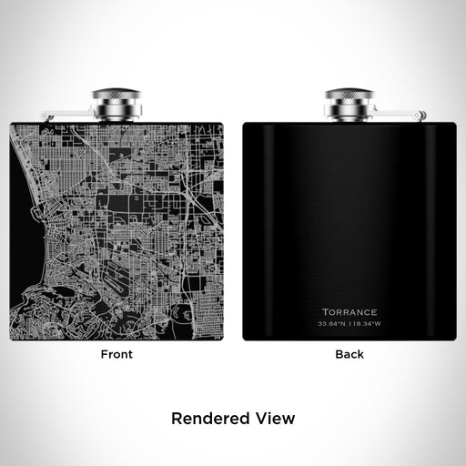 Rendered View of Torrance California Map Engraving on 6oz Stainless Steel Flask in Black