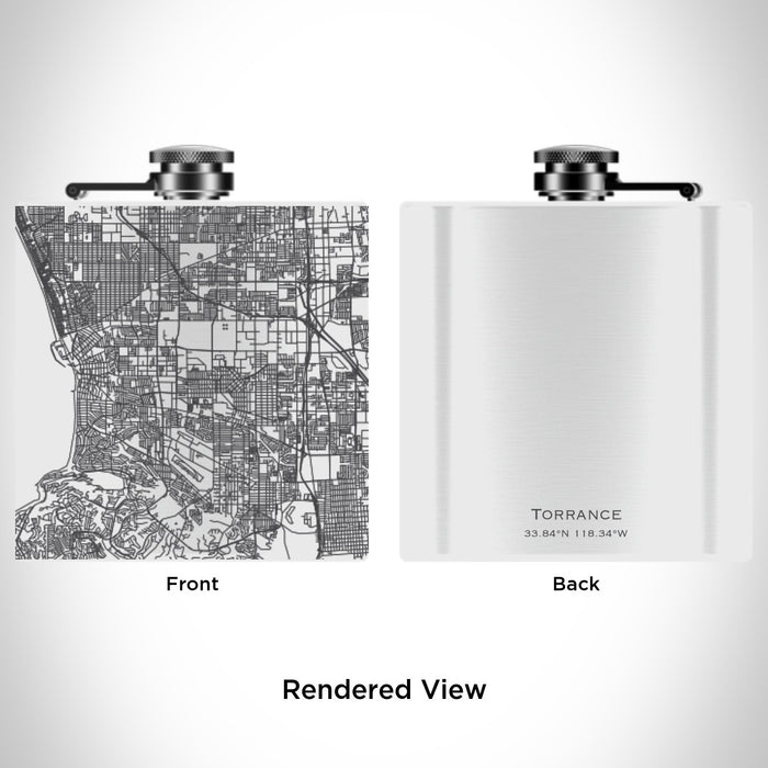 Rendered View of Torrance California Map Engraving on 6oz Stainless Steel Flask in White