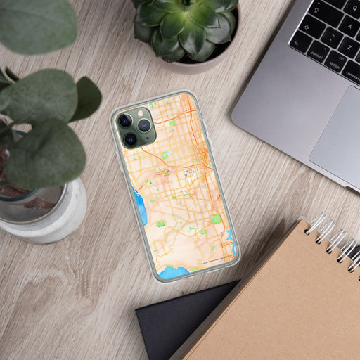 Custom Torrance California Map Phone Case in Watercolor on Table with Laptop and Plant