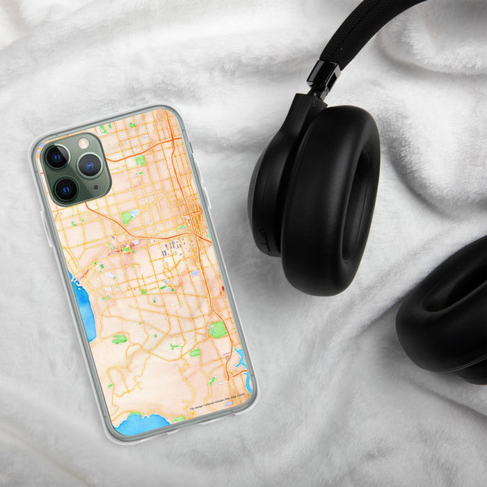 Custom Torrance California Map Phone Case in Watercolor on Table with Black Headphones