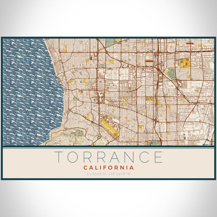 Torrance California Map Print Landscape Orientation in Woodblock Style With Shaded Background