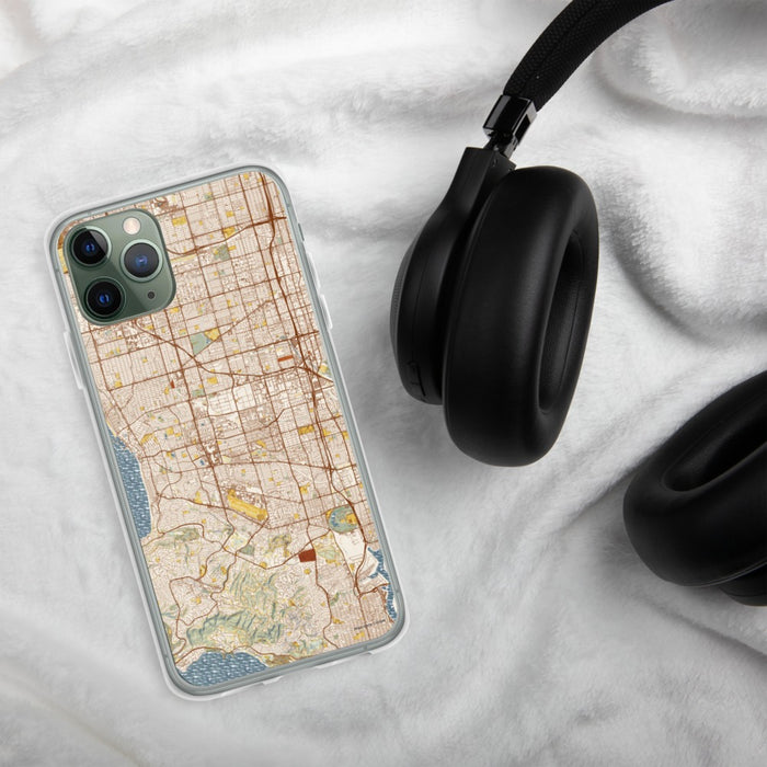 Custom Torrance California Map Phone Case in Woodblock on Table with Black Headphones