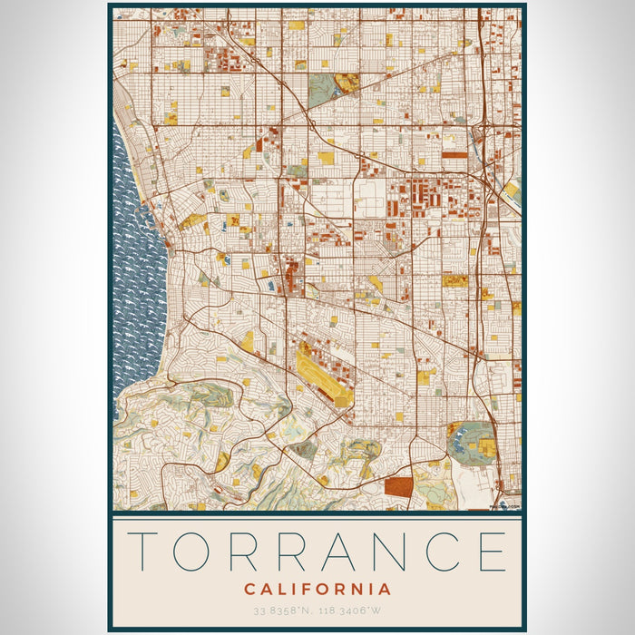 Torrance California Map Print Portrait Orientation in Woodblock Style With Shaded Background