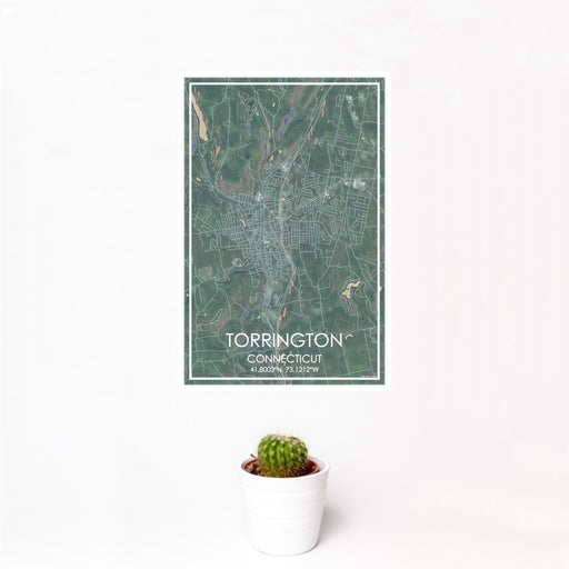 12x18 Torrington Connecticut Map Print Portrait Orientation in Afternoon Style With Small Cactus Plant in White Planter