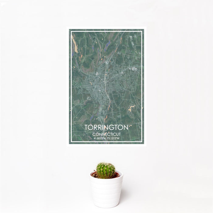 12x18 Torrington Connecticut Map Print Portrait Orientation in Afternoon Style With Small Cactus Plant in White Planter