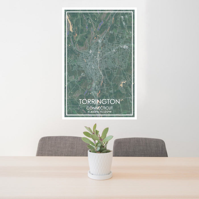 24x36 Torrington Connecticut Map Print Portrait Orientation in Afternoon Style Behind 2 Chairs Table and Potted Plant